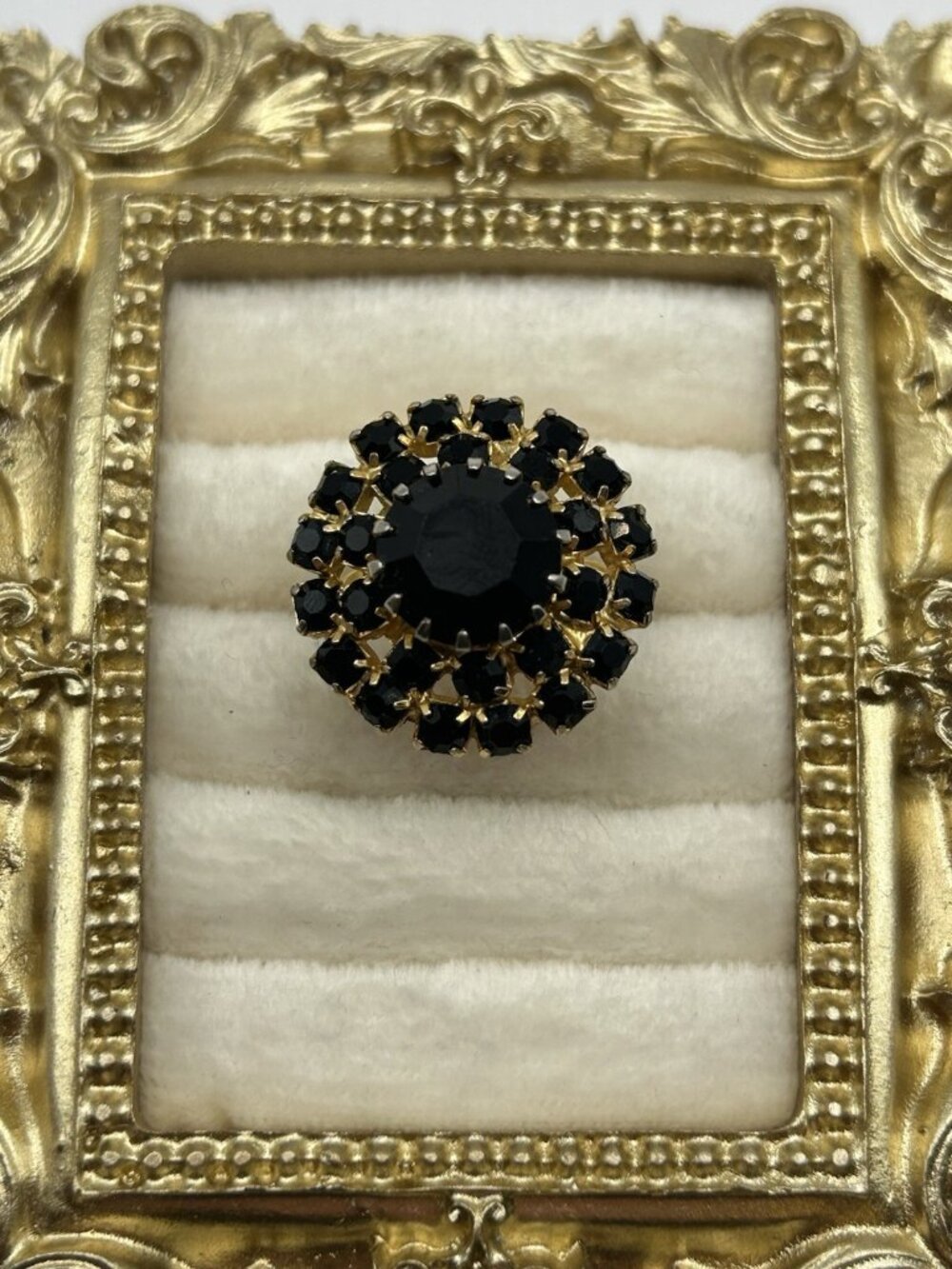 Vintage Black Rhinestone Dome Cocktail Ring Adjustable Size 6.5 Gold Tone
